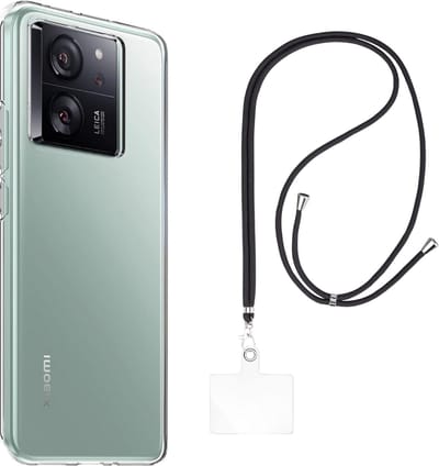 Set met hoesje en nekband voor xiaomi 13t / 13t pro - Flexibele, transparante TPU-bescherming, verstelbare universele nekband voor mobiele telefoons, zwarte nekband, transparante draagriem van Phonillico®