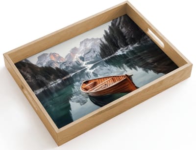 Dienblad hout 40x30 cm - Schootdienblad - Boot - Bergen - Natuur - Water - Borrelplank rechthoek - Plateau dienbladen