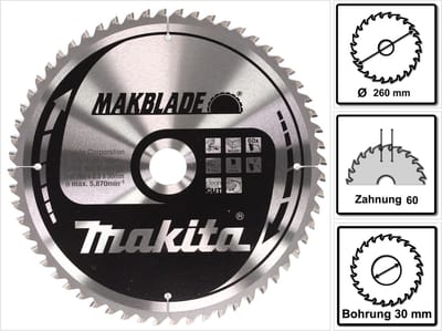Makita Afkortzaagblad voor Hout | Makblade | Ø 260mm Asgat 30mm 60T - B-32801