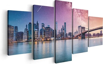 Artaza Canvas Schilderij Vijfluik New York Skyline Met Een Kleurrijke Hemel - 100x50 cm - Wanddecoratie Woonkamer - Schilderijen - Muurdecoratie