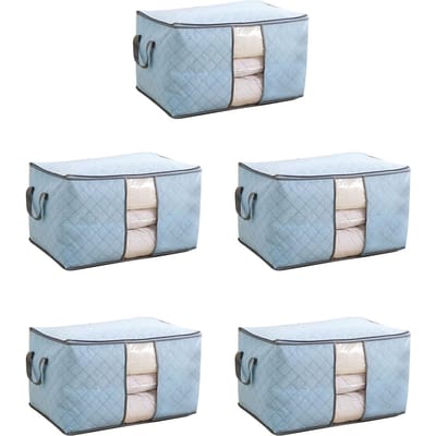 5 stuks Kleding Opvouwbare Opbergtas Stofdicht Dekbed Organizer Niet-geweven Stof Groot Formaat Blauw blauw