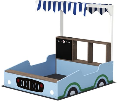 TEKROA® Houten Zandbak met Dak en Zitbank - Massief Dennenhout - met Krijtbord - voor kinderen-Inclusief gronddoek - 108x90x104 cm - Blauw