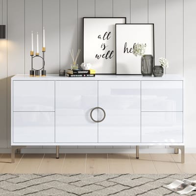 Dressoir - 150x38x59,5 cm - Met 4 Laden En 2 Deuren Hoogglans - Metalen Poten - MDF - Wit