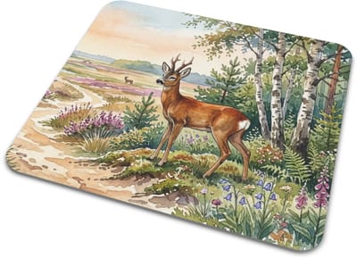 Muismat Ree - Hertje in Bloeiende Heide & Berkenbos - Veluwe Natuur "Aquarel Series" Mousepad - Bosdieren Illustratie Cadeau voor haar: Vrouw, Vriendin & Collega - Rustiek Landschap Design - Dierenthema Kantoor Accessoires
