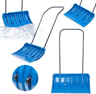 KADAX Sneeuwschuiver met aluminium profielrand, brede sneeuwschep met wielen, schep met metalen handgreep, sneeuwschep met kunststof blad, sneeuwruimer (blauw)