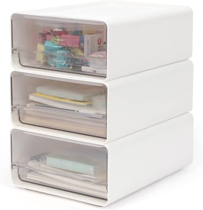 Organizer met laden Acryl 3 stuks, Bureau-organizer A5, Opbergbox met laden Stapelbaar, Kantooropslagbox voor pennen, gummen en andere kantoorbenodigdheden, Transparant Wit