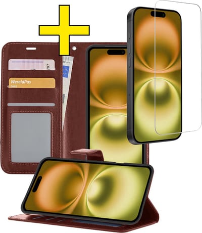 Hoesje - Met Screenprotector - Geschikt voor Apple iPhone 16 - Luxe Pasjeshouder - Bookcase Portemonee - Flip Case - Kunstleer Book Case - Flipcase - Book Cover - Walletcase - Portemonneehoes - Telefoonhoesjes - Bruin