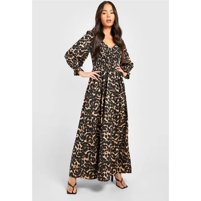boohoo Dames Petite Leopard Shirred Detail Maxi Jurk | Zwart | Maat: 42