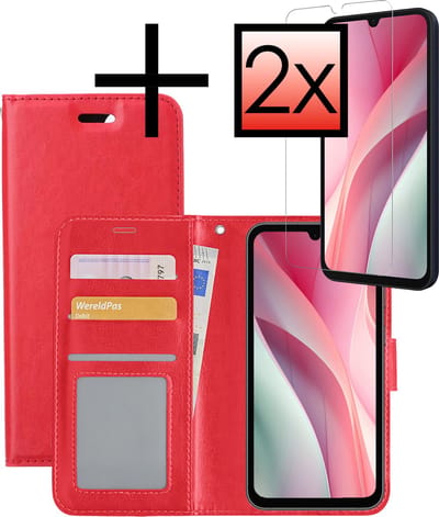 Hoesje - Met 2x Screenprotector - Geschikt voor Samsung Galaxy A15 - Luxe Pasjeshouder - Bookcase Portemonee - Flip Case - Kunstleer Book Case - Flipcase Hoes - Book Cover - Walletcase - Portemonneehoes - Rood