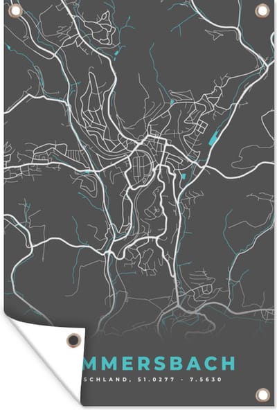 Muurdecoratie Gummersbach – Stadskaart – Blauw – Plattegrond – Stadskaart – Kaart - Duitsland - 120x180 cm - Tuinposter - Tuindoek