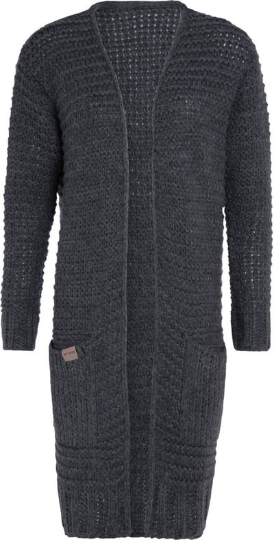 Knit Factory Alex Lang Gebreid Dames Vest - Grof gebreid donkergrijs damesvest - Cardigan voor de herfst en winter - Lang vest tot over de knie - Antraciet - 40/42