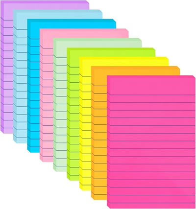 Gevoerde Sticky Notes 4x6" - 9 Heldere Kleuren Gelinieerde Memo Pads voor Kantoor en School