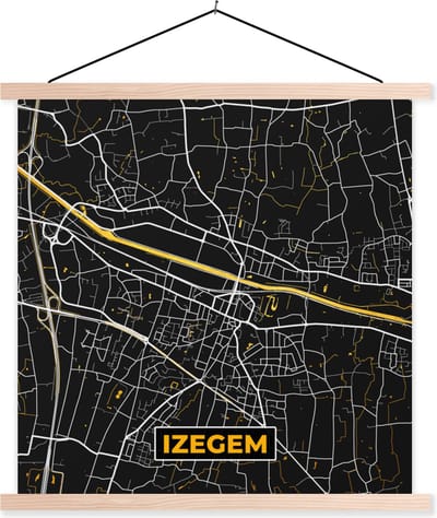 Posterhanger incl. Poster 40x40 cm - Schoolplaat - Plattegrond - Izegem - Kaart - Stadskaart - Textielposter - Blanke latten - Stadskaart