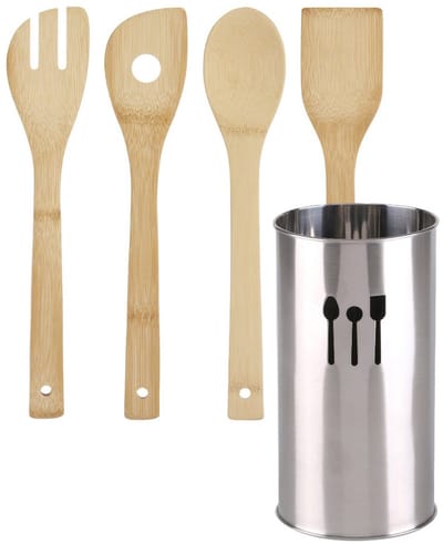 Urban Living Keukengerei - bamboe houten roerlepels / spatels set 4-delig - in mooie RVS houder - Keuken pollepels / spatels