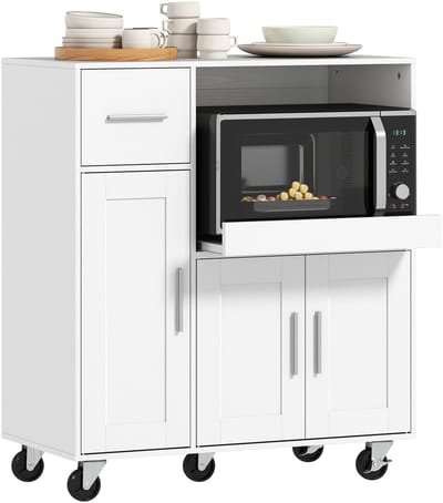 Keukenkast Op Wielen Sideboard - Buffetkast - Met Uitschuifbaar Blad - 3 Deuren - 1 Lade - Verstelbare Planken - Wit