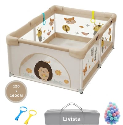 Livista Grondbox Baby - Binnenmaat 120x120cm - Inclusief Kruipmat - Met 60 Speelballen, 4 Trekringen - Kinderbox - Speelbox - Playpen - Met Draagtas - Beige