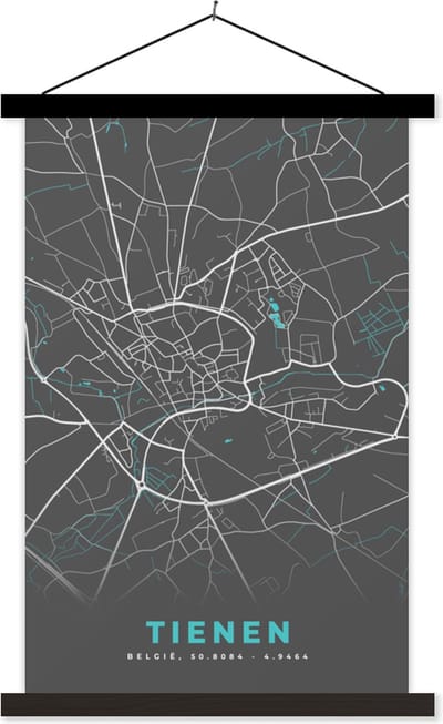 Posterhanger incl. Poster 40x60 cm - Schoolplaat - Stadskaart – Grijs - Kaart – Tienen – België – Plattegrond - Textielposter - Zwarte latten - Stadskaart