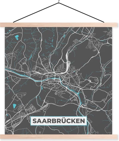 Posterhanger incl. Poster 40x40 cm - Schoolplaat - Blauw – Duitsland – Plattegrond – Stadskaart – Kaart – Saarbrücken - Textielposter - Blanke latten - Stadskaart