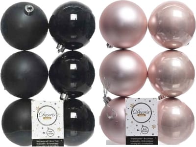 24x stuks kunststof kerstballen zwart en lichtroze 8 cm - Kerstversiering/kerstboomversiering