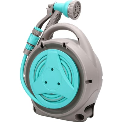 Bobineur de tuyau d'arrosage de jardin portable de 15M avec tuyau d'arrosage manuel à poignée et support pour arrosage extérieur Vert