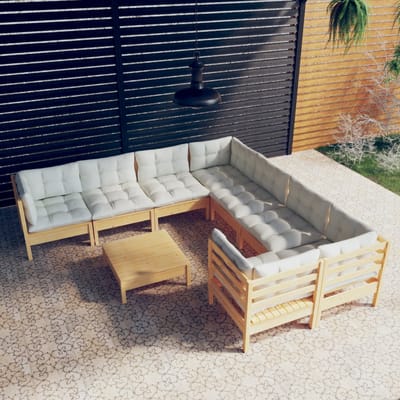 vidaXL - 9-delige - Loungeset - met - crèmekleurige - kussens - grenenhout