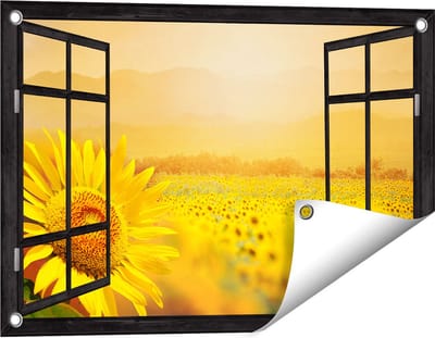 Gards Tuinposter Doorkijk Zonnebloemen Veld met Zonopkomst - 60x40 cm - Tuindoek - Tuindecoratie - Wanddecoratie buiten - Tuinschilderij
