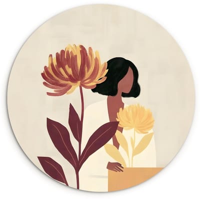 WallCircle® Wandcirkel 120x120 cm - Muurcirkel Vrouw - Minimalistisch - Bloem - Muurdecoratie woonkamer - Wanddecoratie slaapkamer - Kamer decoratie accessoires - Ronde schilderijen XXL