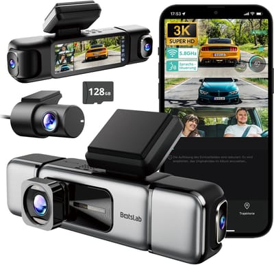 BOTSLAB 4-kanaals dashcam voor auto (voor- en achterkant), 4-kanaals 3K + 3 * 1080P, autodashcam met 128GB SD-kaart, GPS, 5GHz WiFi, 3.18" IPS-scherm, super nachtzicht, WDR, G-sensor, loopopname, parkeermonitor