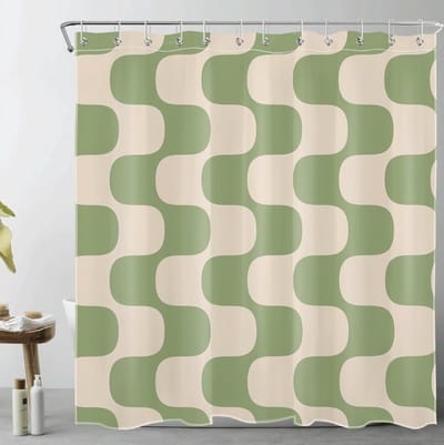 Modern douchegordijn, 180 x 200 cm, groen gestreept op vintage beige, anti-schimmel, waterdicht, badkamergordijnen, abstracte kunst, extra lang polyester, badkamergordijn met haken