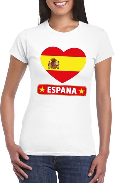 Spanje t-shirt - met hartjes vlag print - wit - voor dames - korte mouwen - landen supporters S