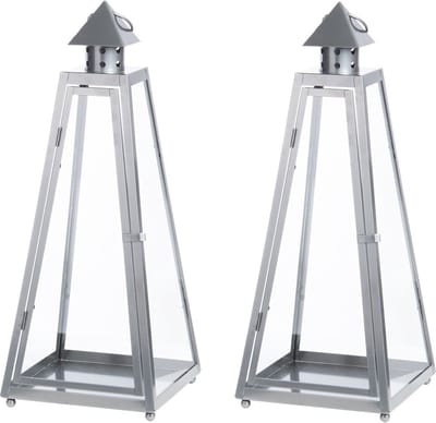Grijze tuin lantaarn/windlicht van ijzer 21,8 x 21,8 x 54,3 cm - 2x - Tuinverlichting - Kaarsenhouders - Lantaarns