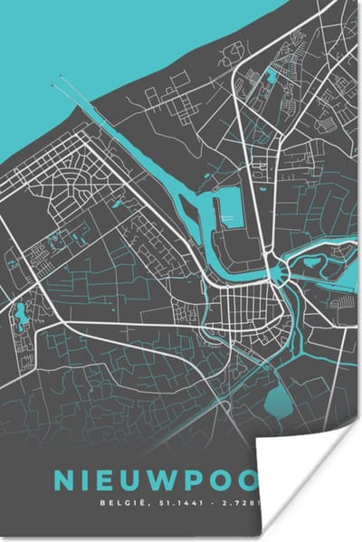 Poster België – Nieuwpoort – Stadskaart – Kaart – Blauw – Plattegrond - 120x180 cm XXL