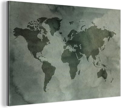 Wanddecoratie Metaal - Aluminium Schilderij Industrieel - Wereldkaart - Waterverf - Grijs - 150x100 cm - Dibond - Foto op aluminium - Industriële muurdecoratie - Voor de woonkamer/slaapkamer