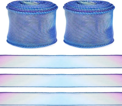 2 Rollen Organza Doorshijnende Linten 40 mm Gradiënt Iriserende Tule Mesh Linten voor Bruiloft, Geschenkverpakking en Kledingaccessoires, Blauw