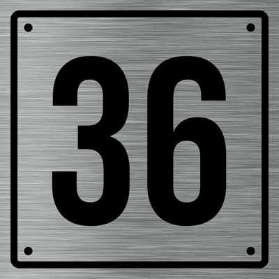 Huisnummerbord 36 - Incl. Schroeven en Pluggen – Acrylaat - 10 x 10 cm - RVS met Zwart