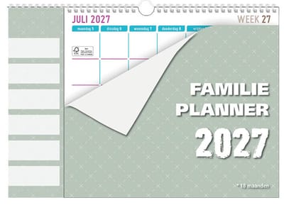MGPcards - Kalender 18 maanden - Familieplanner 2027 - 6 Namen - Kalender - Familyplanner - Nederlandse en Belgische feestdagen - Juli 2026 tm december 2027 - 34 x 24,5 cm - Groen
