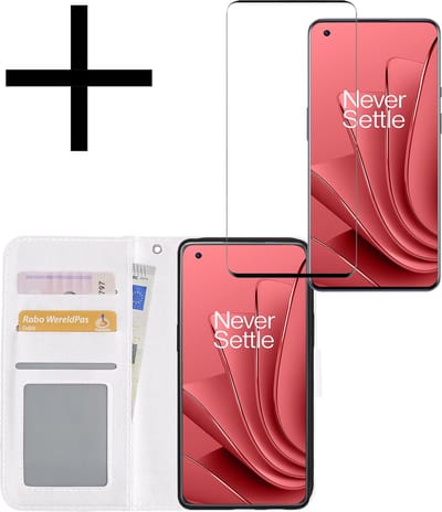 Hoesje - Met Screenprotector - Geschikt voor OnePlus 10 Pro - Luxe Pasjeshouder - Bookcase Portemonee - Flip Case - Kunstleer Book Case - Flipcase - Book Cover - Walletcase - Portemonneehoes - Wit