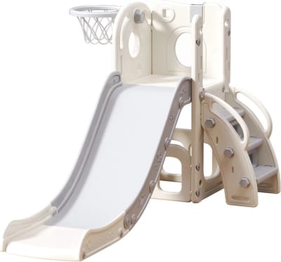 Speeltoestel Toren 3 in 1 - Wit/Grijs - Glijbaan en basket voor binnen en buiten - Baby - Peuter - Kleuter - Cadeau - 1 jaar - 2 jaar - 3 jaar - Sinterklaas - Kerst - BPA-Vrij
