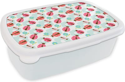 Broodtrommel Wit - Lunchbox - Brooddoos - Meiden - Lieveheersbeestje - Bloemen - Patronen - Girl - Kids - Kinderen - 18x12x6 cm - Volwassenen