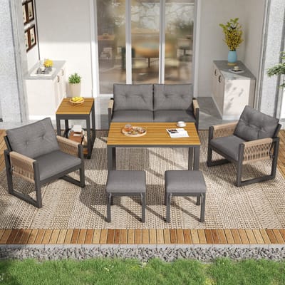 REDOM Tuinmeubelset - 2-Zitsbank En Fauteuil Met Afneembare Tafel - Ijzeren Frame - Gevlochten Armleuningen - Grijs En Naturel