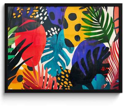 Poster in lijst - Fotolijst 70x50 cm - Posters - Bladeren - Vormen - Abstract - Kleurrijk - Posterlijst zwart - Decoratie - Wanddecoratie woonkamer - Muurdecoratie slaapkamer