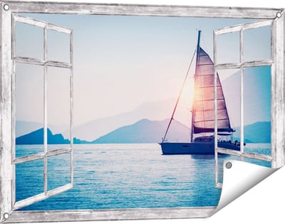 Gards Tuinposter Doorkijk Zeilboot bij Zonsondergang - 90x60 cm - Tuindoek - Tuindecoratie - Wanddecoratie buiten - Tuinschilderij