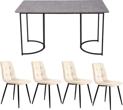 Sweiko Eettafel set (5-delige set), Eettafel set met 4-stoelen, Moderne keuken eettafel set, keuken eettafel met 140 x 80cm zwart metalen poten, grijs MDF tafelblad, beige fluwelen eetkamerstoelen