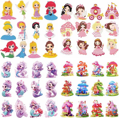 48 PCS Diamond Painting Kit/DIY Diamond Sticker Kit voor kinderen/Diamantschilderij/Kinderpatroon Zeemeermin-Prinses Kasteel-Paddestoel Huis Mozaïek Foto