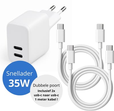 Gmedia 35W USB-C Oplader met 2 Poorten – Snellader & Compacte Adapter –Inclusief 2x 1 meter USB-C naar USB-C Kabel – Ook voor alle Type-C toestellen