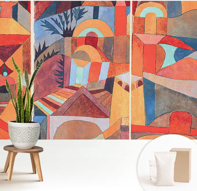 Wallfluent Behang - Kleurrijk mozaïek Muurbehang - 208x146 cm - Oranje Behang - Voor liefhebbers van berglandschappen en kunst - Behang Voor de woonkamer, slaapkamer en kantoor - Wanddecoratie Abstractie