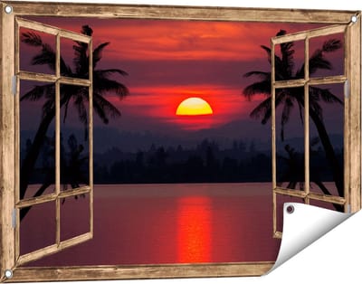 Gards Tuinposter Doorkijk Zonsondergang op het Strand met Palmbomen - 90x60 cm - Tuindoek - Tuindecoratie - Wanddecoratie buiten - Tuinschilderij