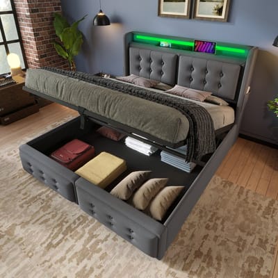 DESMIU Gestoffeerd Bed 140x200cm – Tweepersoonsbed met Verlichting En Oplaadfunctie – Opbergruimte Onder Bed En Hoofdbord – Voor Slaapkamer – Katoen-Linnen – Grijs – Zonder Matras