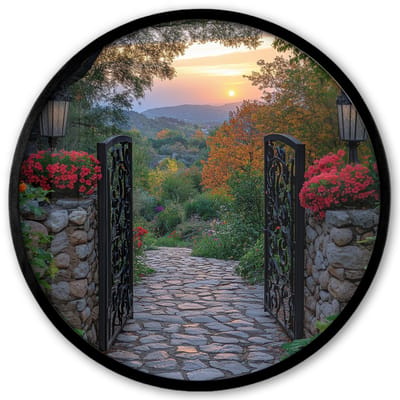 Poster in lijst Rond - Fotolijst 40x40 cm - Posters - Landschap - Hek - Pad - Zonsondergang - Natuur - Ronde posterlijst zwart - Decoratie - Wanddecoratie woonkamer - Muurdecoratie slaapkamer