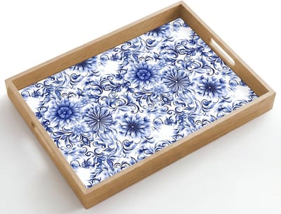 Dienblad hout 50x35 cm - Schootdienblad - Bloemen - Blauw - Patroon - Wit - Borrelplank rechthoek - Plateau dienbladen